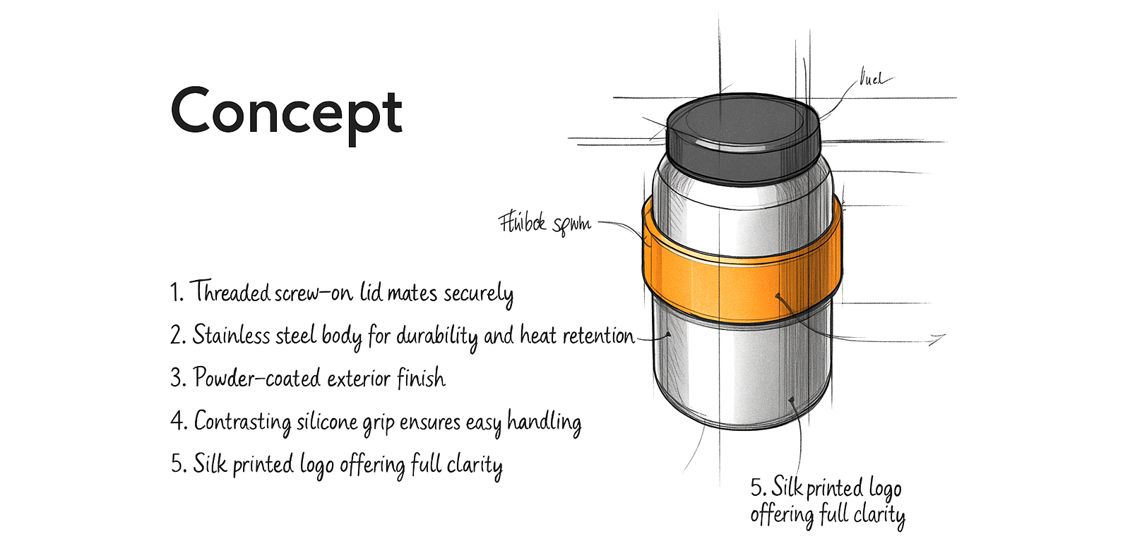 concept sketch for personalized water bottle design with structure details
